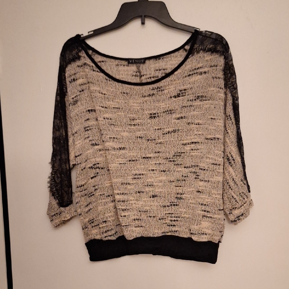 VENUS Black and Cream Lace Sleeve Sweater